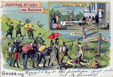 Vykort som visar utvisningen av judarna från Ryssland och deras välkomnande till Tyskland, 1899